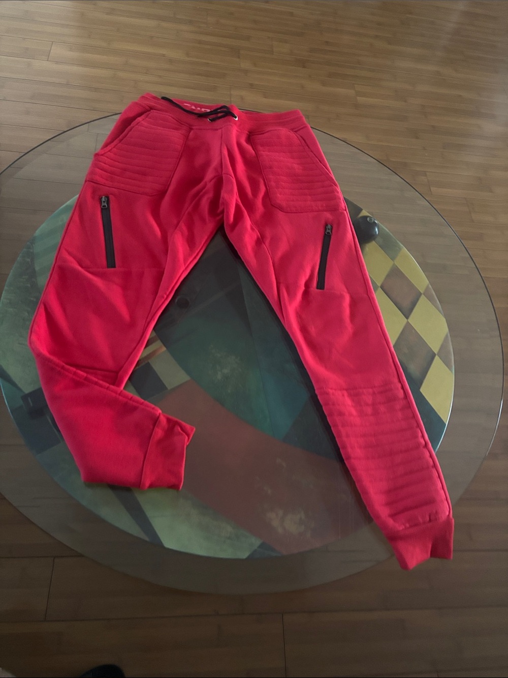 Men's Red Quilted-Panel Jogger Pants with Zip Pockets